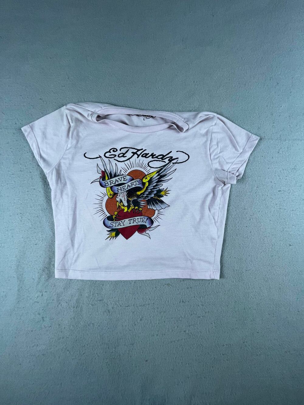 Ed Hardy Cropped Top Womens L Pink Eagle Tattoo Brave Hearts Graphics Print Y2K